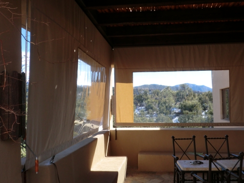 Vertical Roll Curtain with VCP panel and Clear vinyl window - Rader Awning